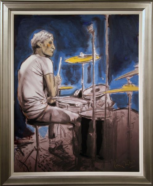 Ronnie Wood Hand-Painted and Hand-Embellished Charlie Watts Monotype Print on Canvas